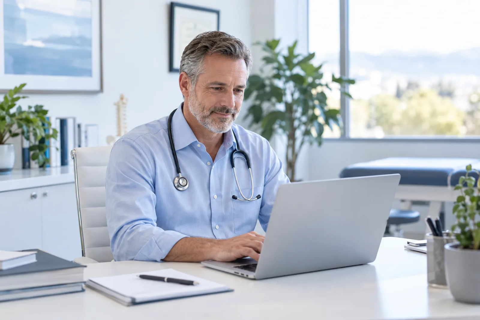 A practice owner completes an online application at his desk