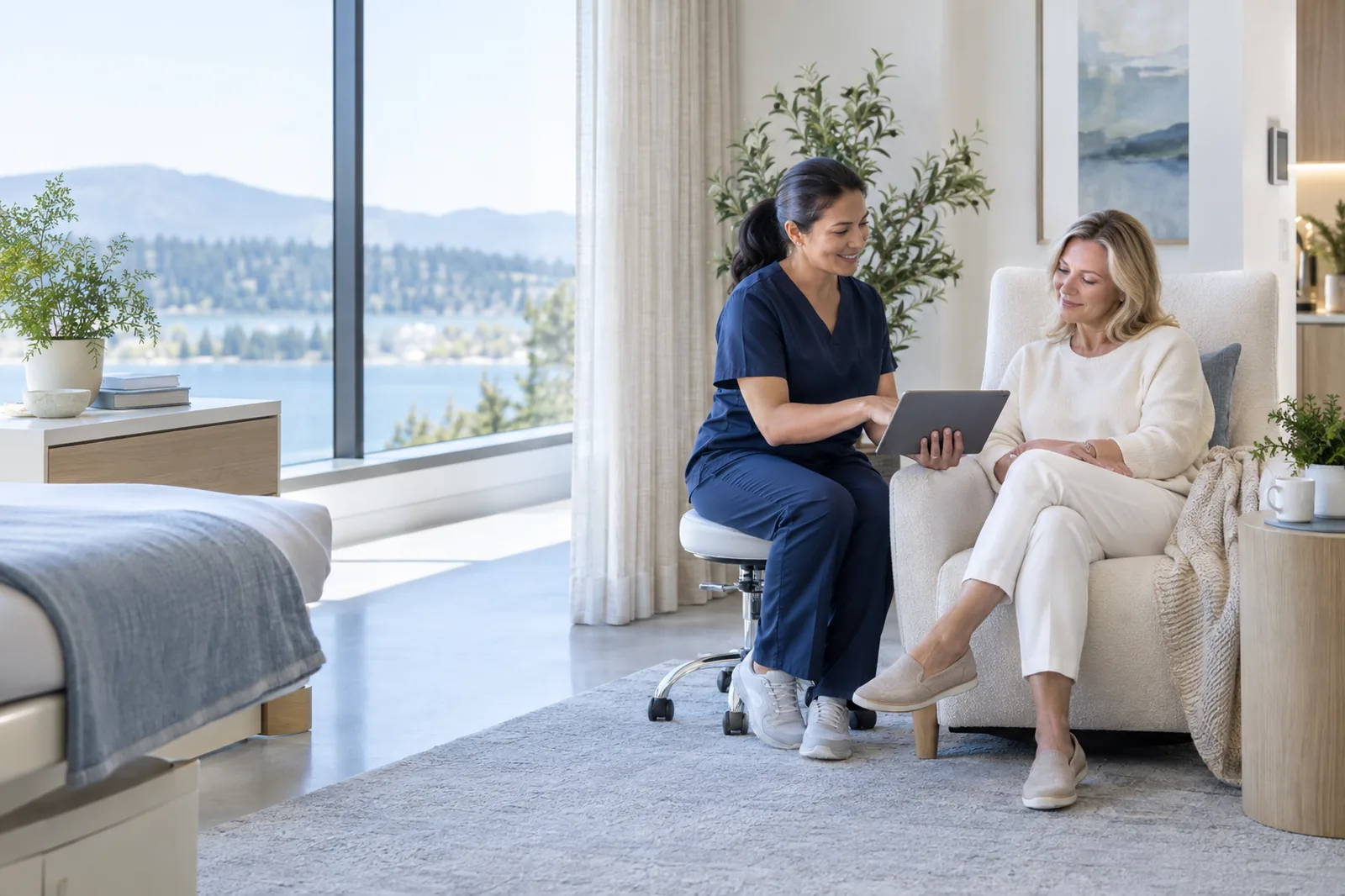 A nurse reviews a care plan with a client in a bright wellness center treatment suite