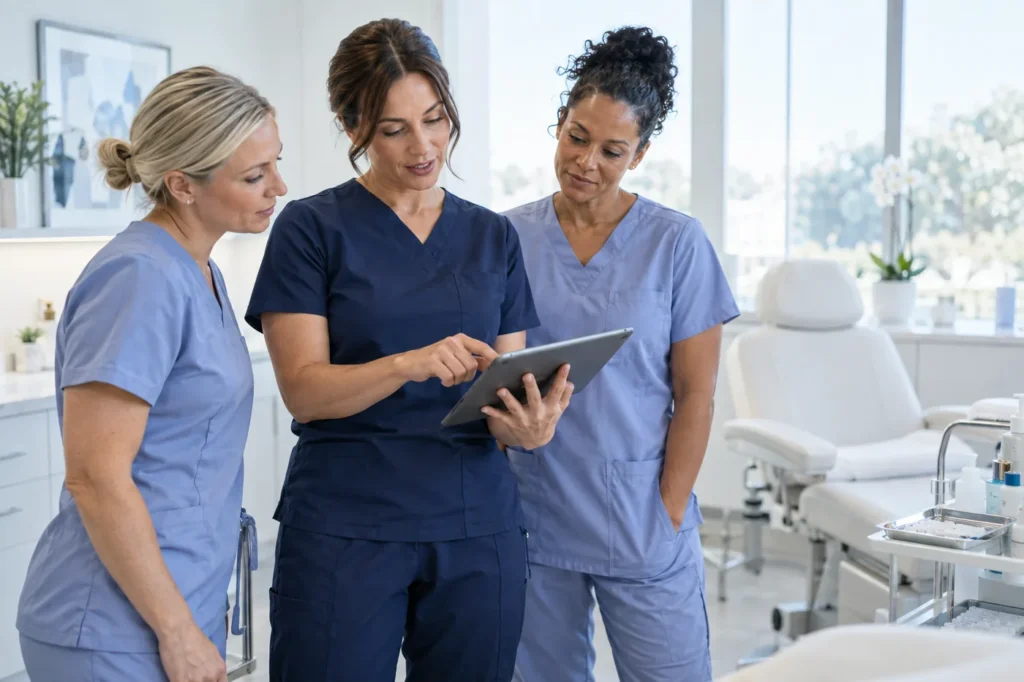 A clinical educator trains two nurses at a partner clinic