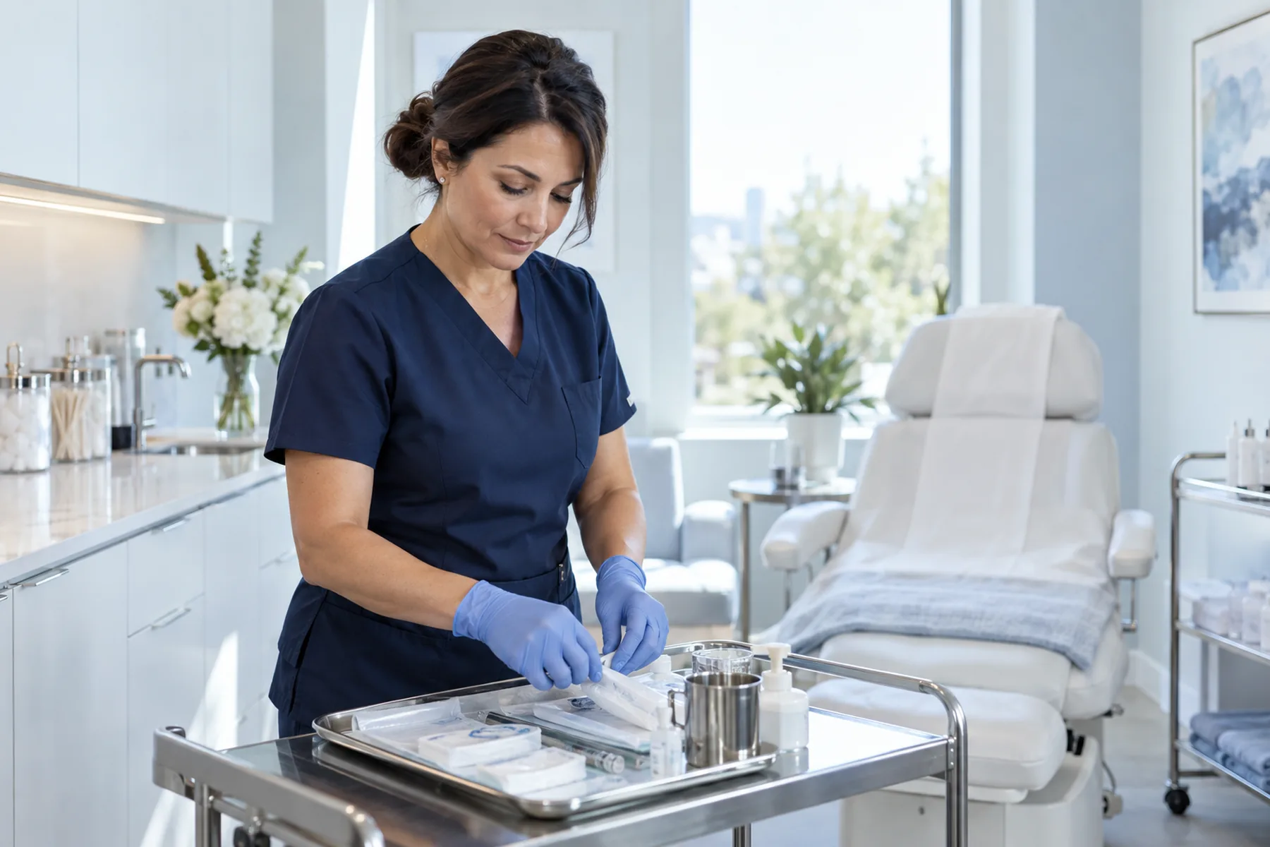A nurse prepares sterile supplies for a scheduled clinical day