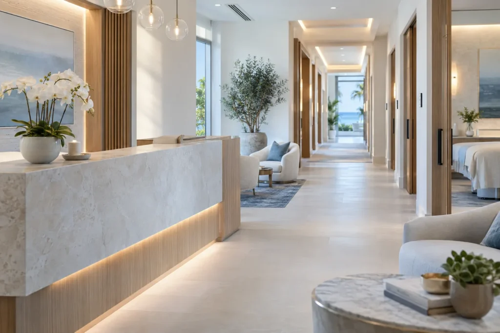 A calm wellness center lobby with a hallway to private treatment rooms