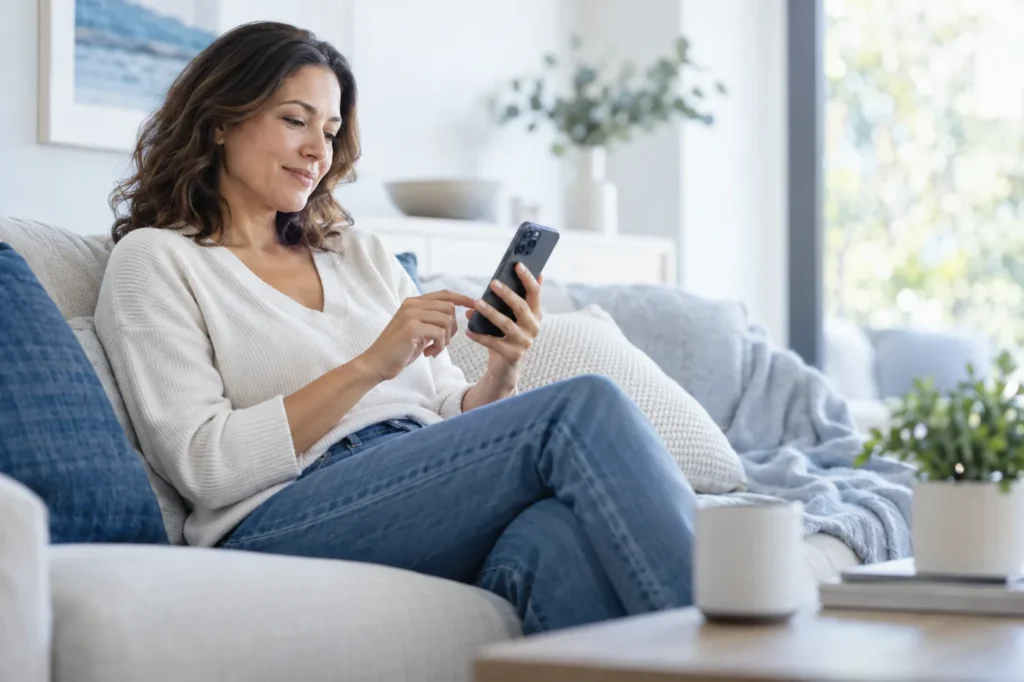 A woman completes an online health assessment on her phone at home
