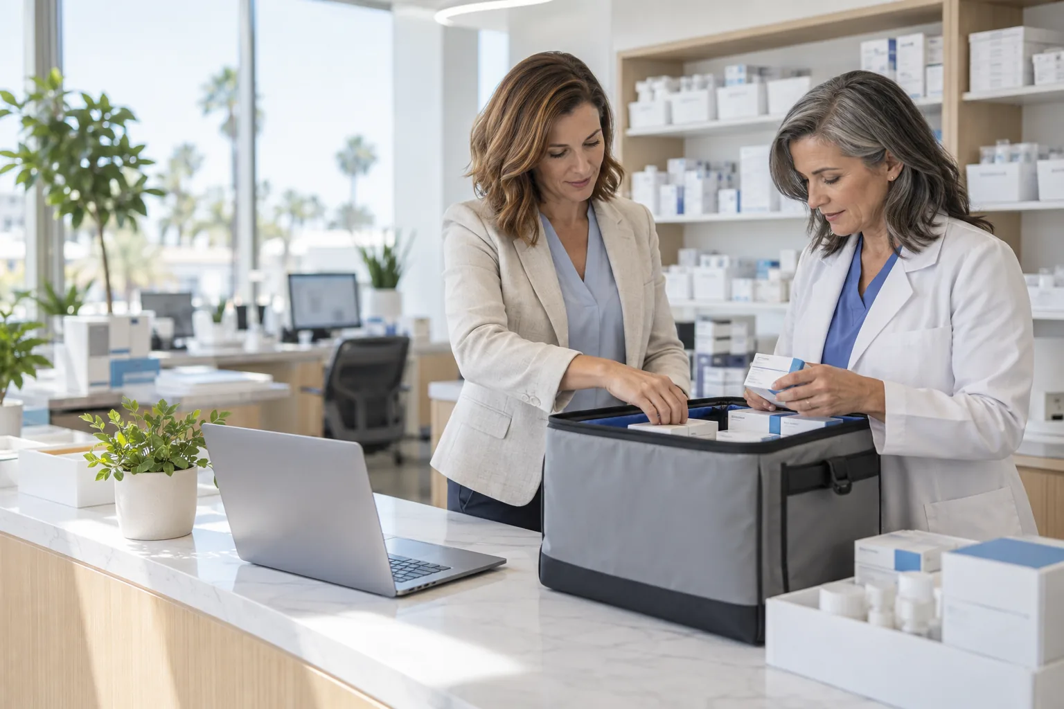 A practice manager and a pharmacist unpack a temperature-controlled product delivery at a clinic counter
