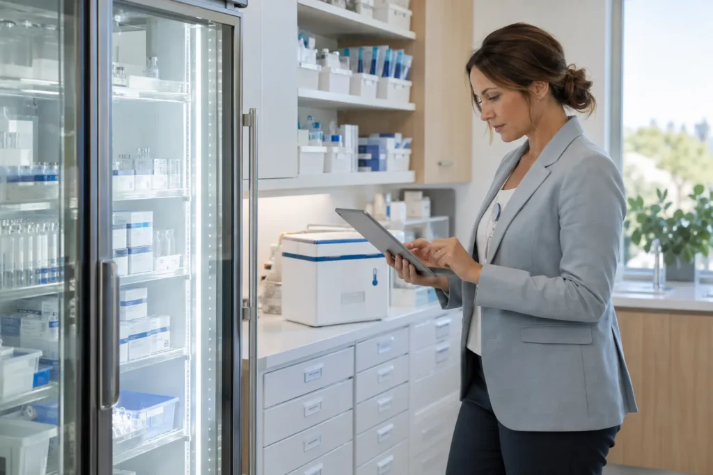 A staff member checks inventory on a tablet beside a medical refrigerator and labeled supply drawers