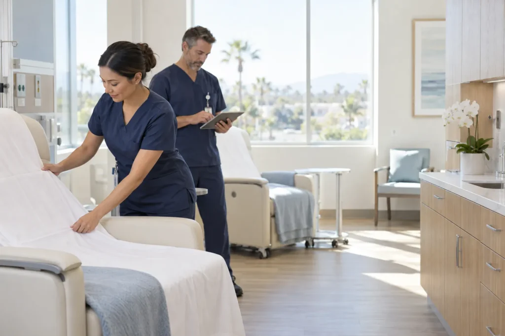 Two nurses prepare a treatment room and review the schedule for a treatment day