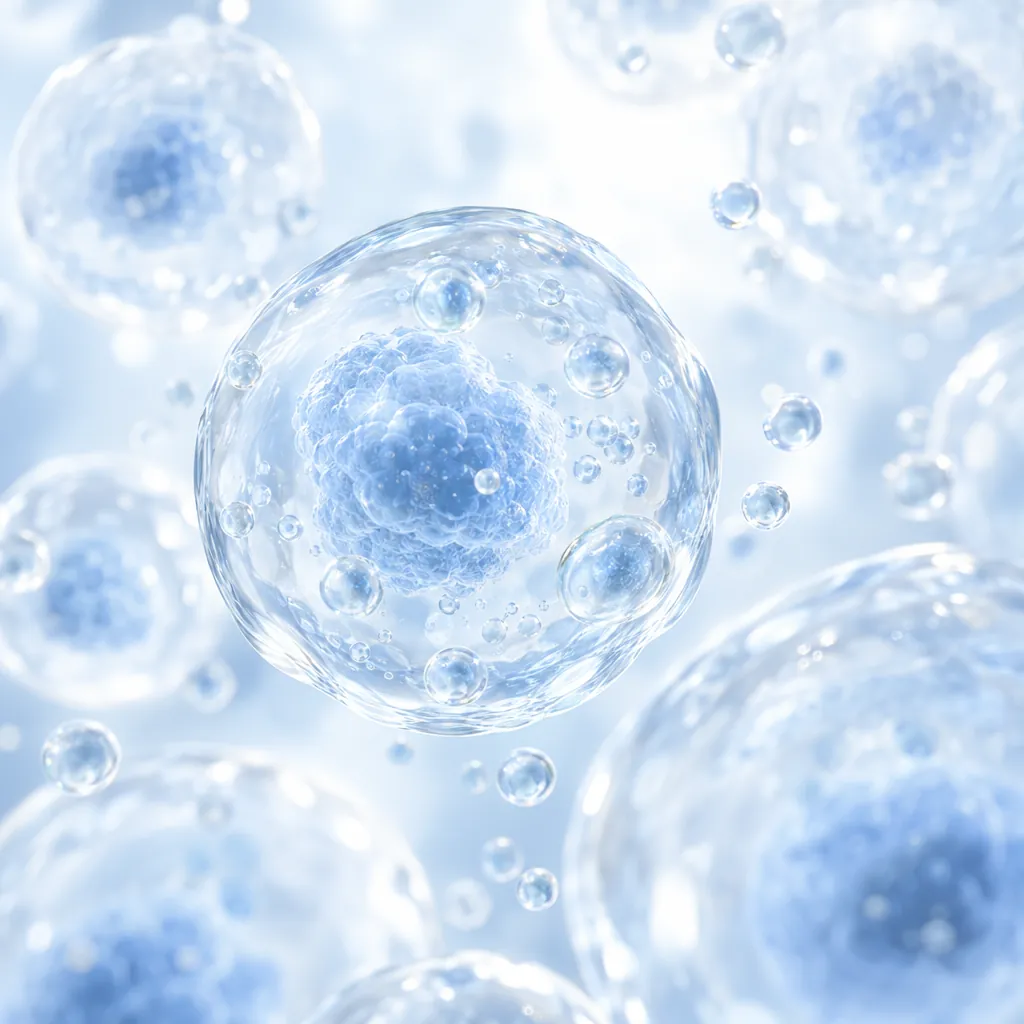 Luminous translucent cells floating in soft blue light