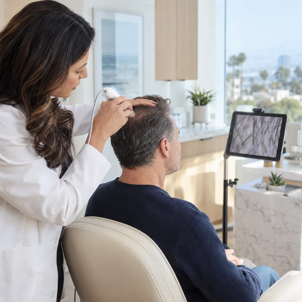 A specialist uses a handheld scalp camera during a hair and scalp consultation