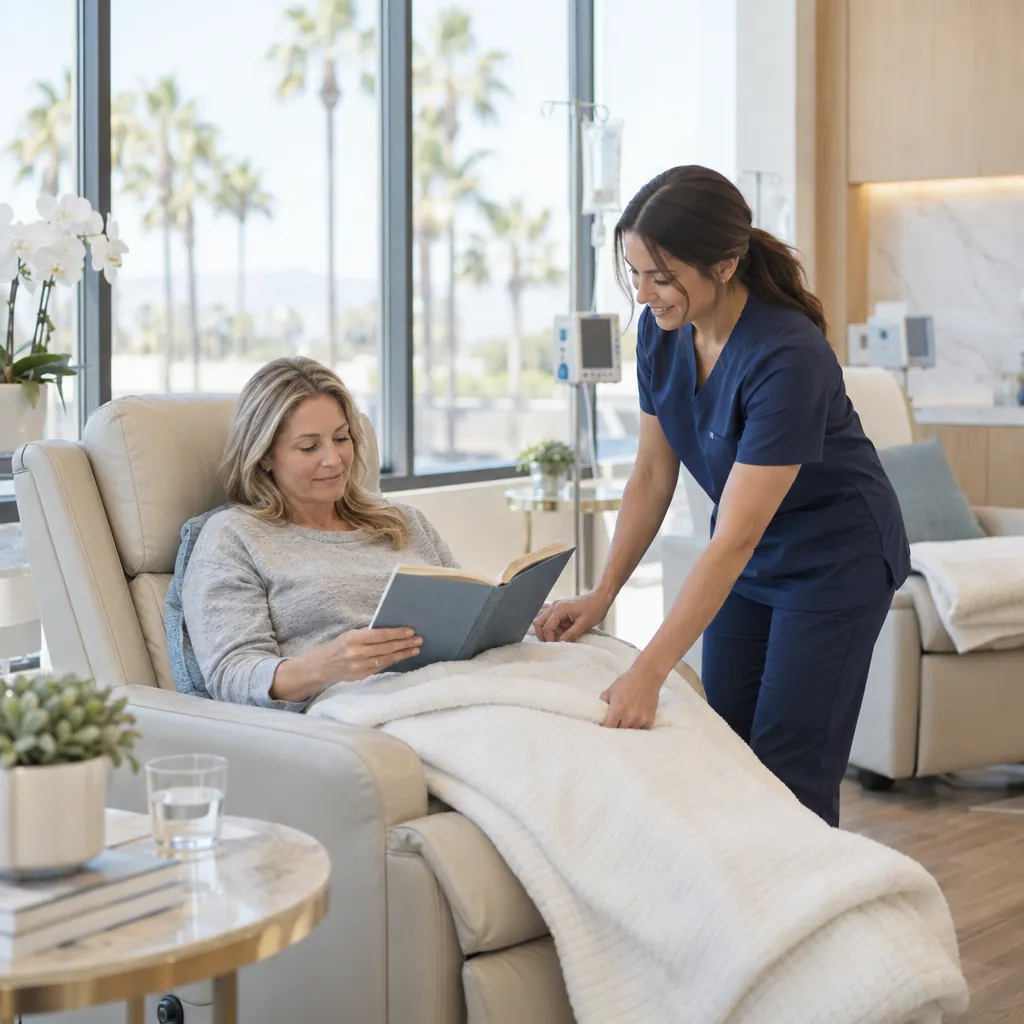 A nurse adjusts a blanket for a client resting in a bright infusion lounge