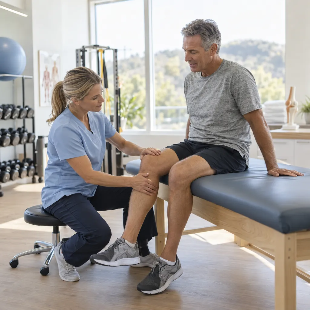 A clinician assesses the knee mobility of an active man on a treatment table