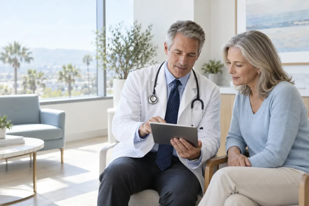 A physician reviews results on a tablet with a patient in a bright consultation room