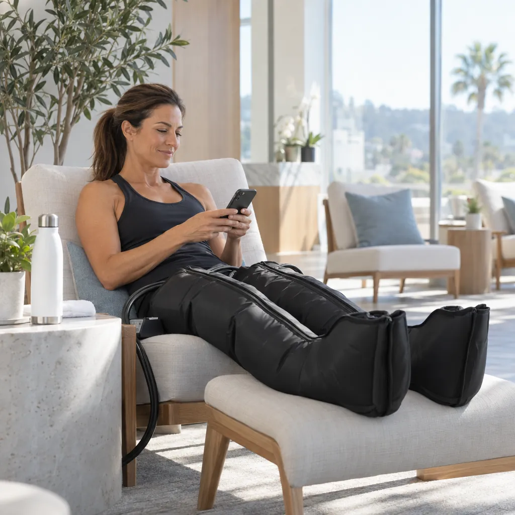 A woman relaxes in compression recovery boots in a bright recovery lounge