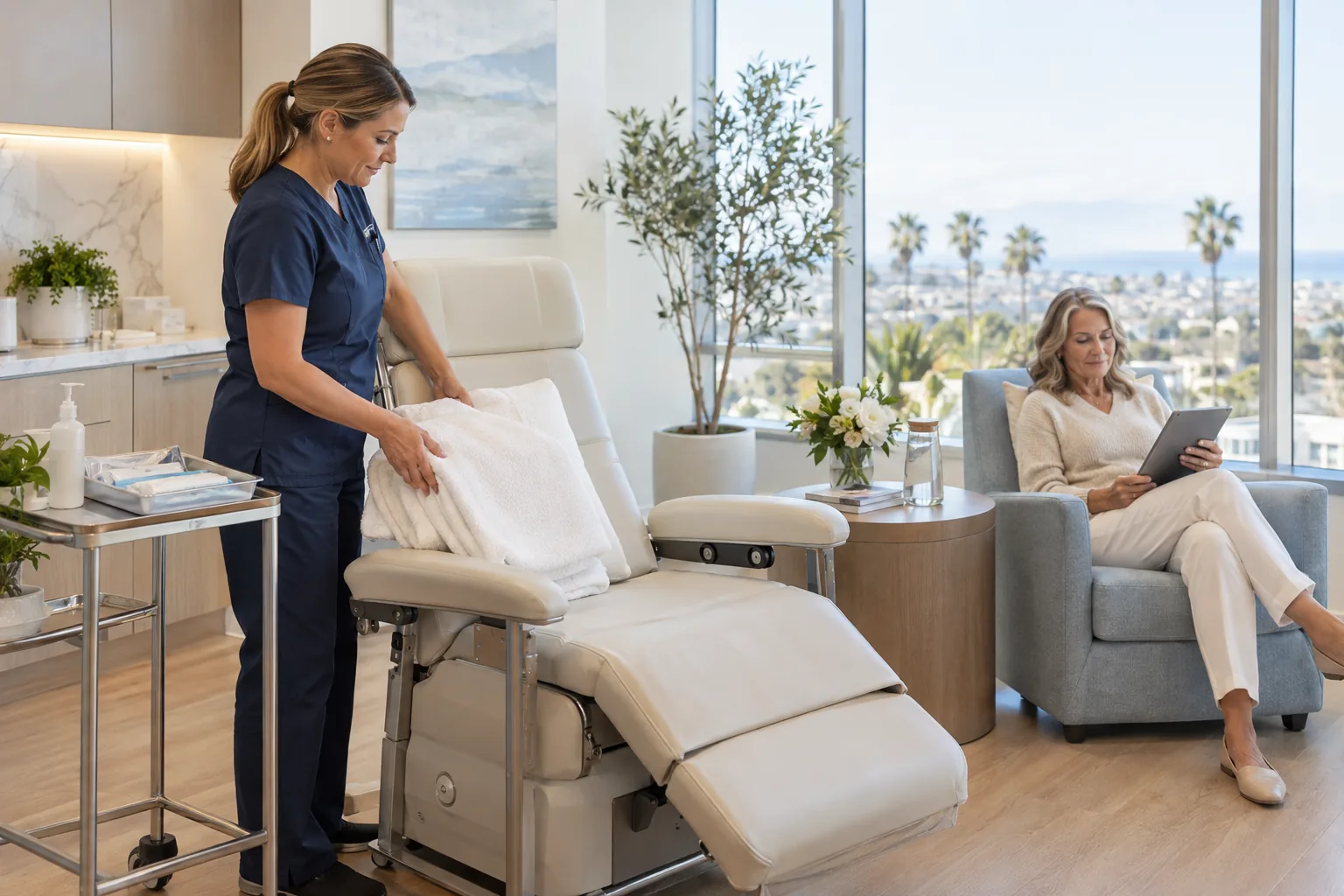 A nurse prepares a reclining treatment chair while a client reviews her care plan in a bright treatment suite
